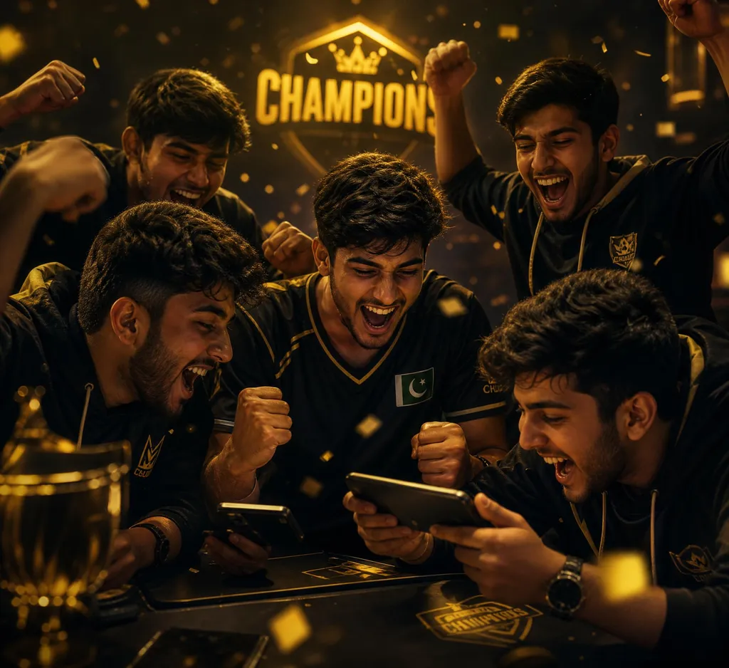 Young Pakistani gamers celebrating a win around their phones, gold confetti and a trophy