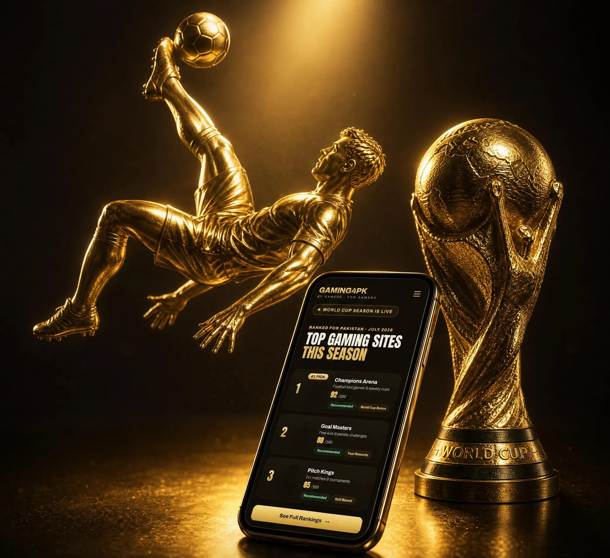 Golden footballer mid bicycle-kick beside a World Cup trophy and a phone showing the Gaming4PK leaderboard